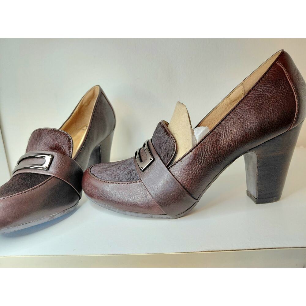 Söfft Misty Mahogany Brown Leather & Cowhair Heeled Loafer Pumps NWOB Size 7